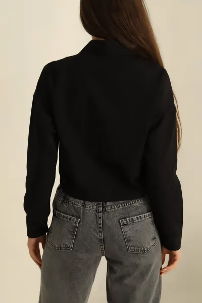 , Siyah Poplin Kumaş Crop Bayan Gömlek 264508