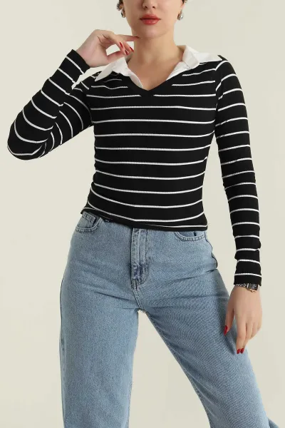 Siyah Poplin Yakalı Fitilli Kadın Bluz 426753