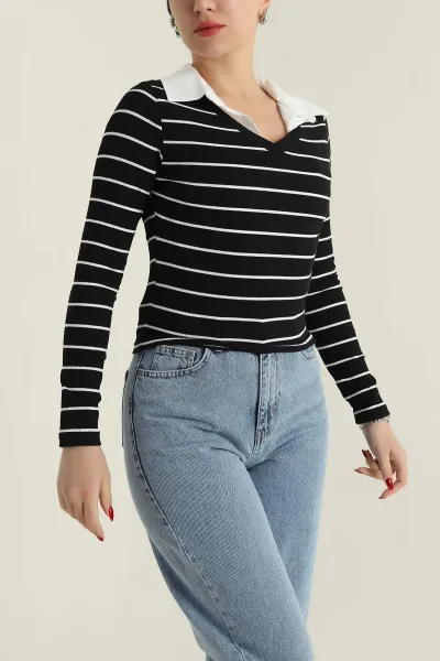 Siyah Poplin Yakalı Fitilli Kadın Bluz 426753