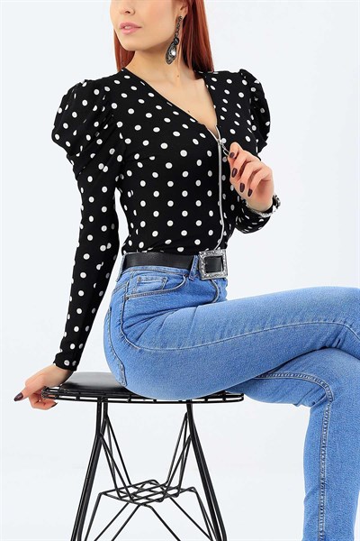 Siyah Puantiye Desen Fermuarlı Bluz 27215B