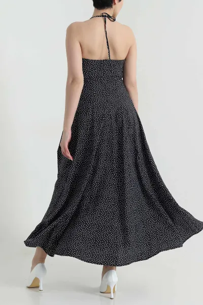 Siyah Puantiyeli Fermuarlı Dokuma Kadın Elbise 459590