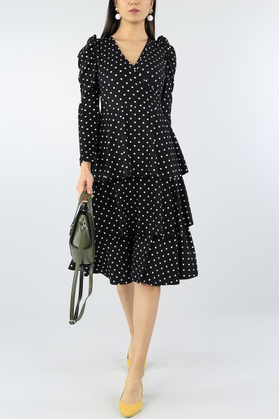 Siyah Puantiyeli Fırfırlı Tasarım Bayan Pamuk Elbise 54387