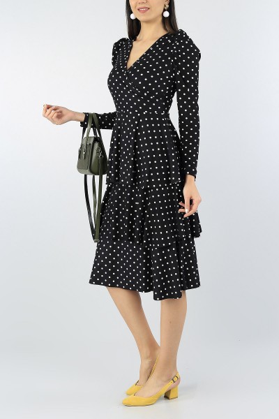 Siyah Puantiyeli Fırfırlı Tasarım Bayan Pamuk Elbise 54387
