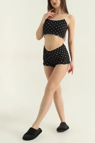 Siyah Puantiyeli Kadın Şortlu Pijama Takımı 466426