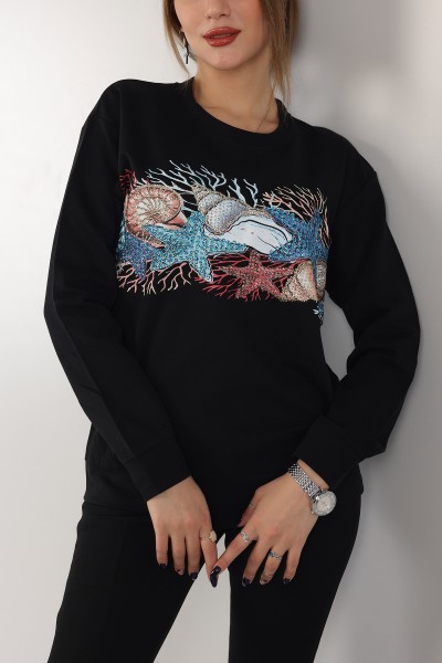 Siyah Pul İşlemeli İki İp Sweat 155381