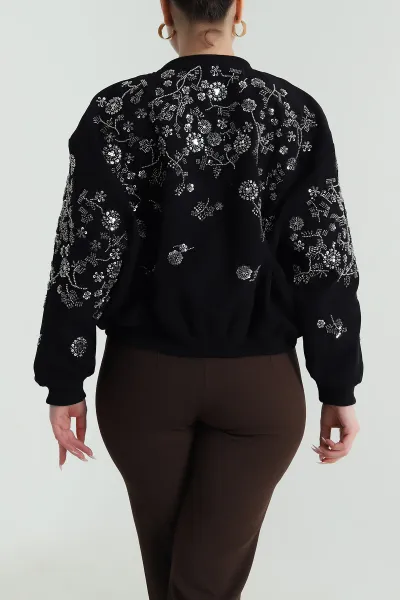 Siyah Pul Nakış Detay Işık Kadife Kadın Bomber 491564