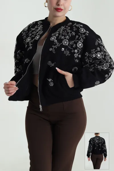 Siyah Pul Nakış Detay Işık Kadife Kadın Bomber 491564