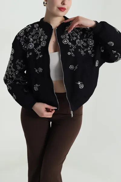 Siyah Pul Nakış Detay Işık Kadife Kadın Bomber 491564