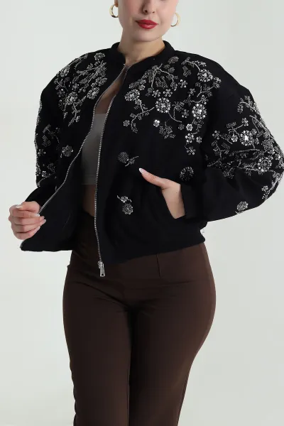 Siyah Pul Nakış Detay Işık Kadife Kadın Bomber 491564