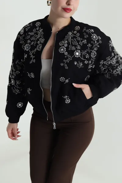 Siyah Pul Nakış Detay Işık Kadife Kadın Bomber 491564