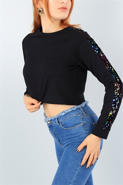 Siyah Pul Payet  Crop Sweat 41038