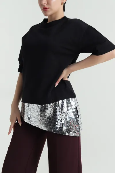 Siyah Pul Payet Detay İnterlok Kadın Bluz 469280