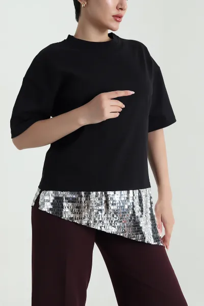 Siyah Pul Payet Detay İnterlok Kadın Bluz 469280