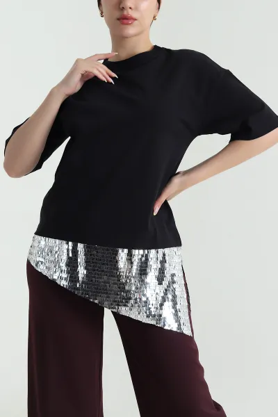 Siyah Pul Payet Detay İnterlok Kadın Bluz 469280