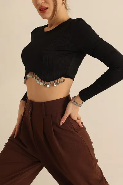 Siyah Pul Püskül Detay Ottoman Bluz 226757