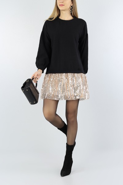 Siyah Pul Tasarımlı Garnili Bayan Selanik Triko Elbise 54215