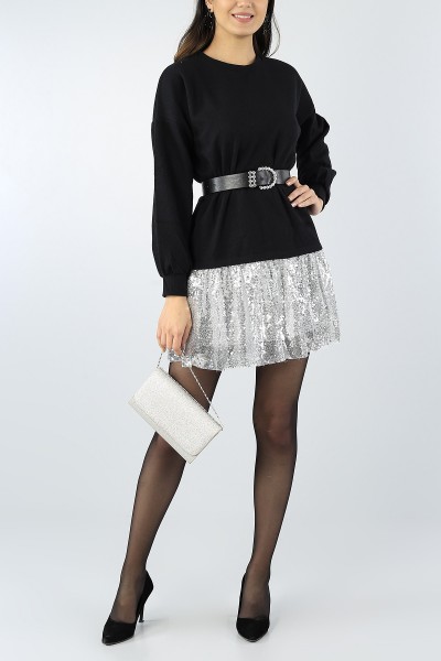 Siyah Pul Tasarımlı Garnili Bayan Selanik Triko Elbise 54216