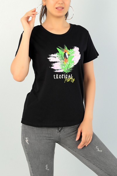 Siyah Pul ve Taş İşlemeli Bayan Tişört 71755