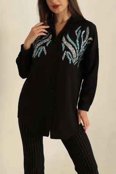 Siyah Pullu Aerobin Bayan Tunik Gömlek 261254