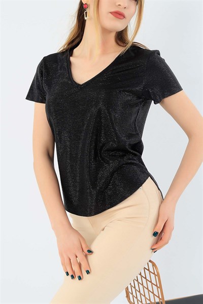 Siyah Pullu Likralı Bluz 29859B