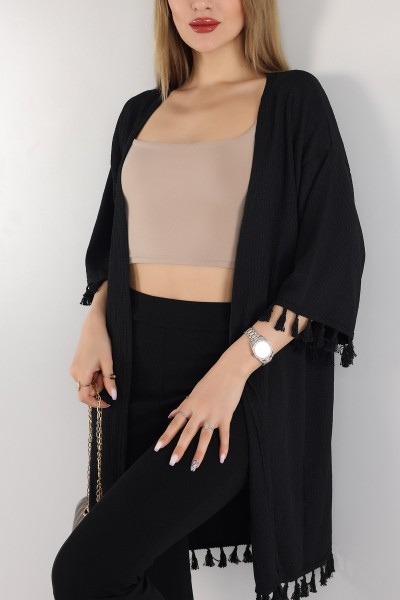 Siyah Püskül Detay Seul Kimono Hırka 168589