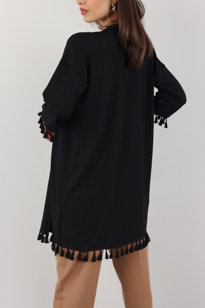 Siyah Püskül Tasarım Krinkıl Kimono Hırka 150530