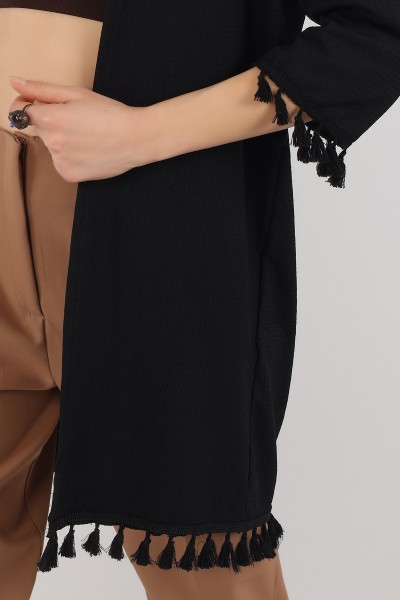 Siyah Püskül Tasarım Krinkıl Kimono Hırka 150530