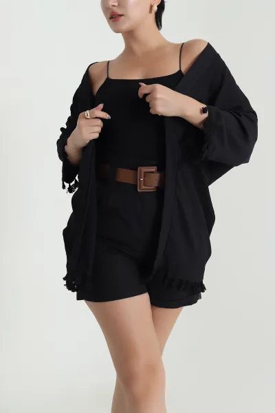 Siyah Püsküllü Bürümcük Kadın Kimono 481649
