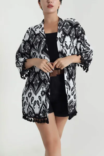 Siyah Püsküllü Bürümcük Kadın Kimono 481732