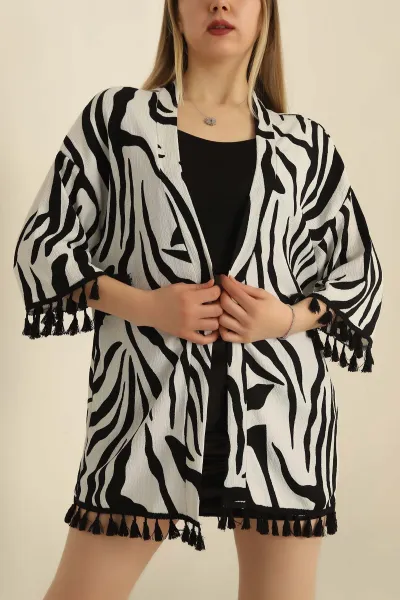 Siyah Püsküllü Okyanus kumaş Kimono 251975
