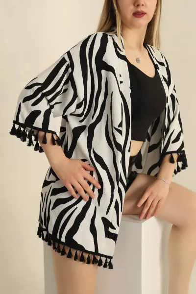 Siyah Püsküllü Okyanus kumaş Kimono 251975