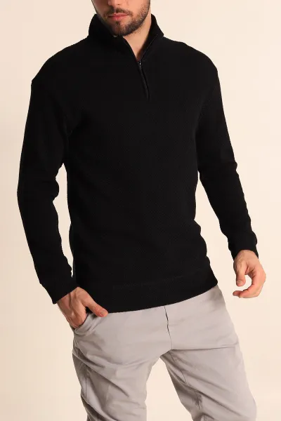 Siyah Rahat Kalıp Örgü Dokulu Yarım Fermuar Sweatshirt 228821