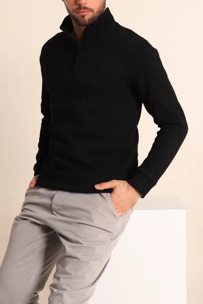 Siyah Rahat Kalıp Örgü Dokulu Yarım Fermuar Sweatshirt 228821