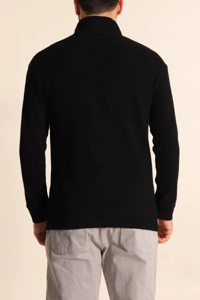 Siyah Rahat Kalıp Örgü Dokulu Yarım Fermuar Sweatshirt 228821