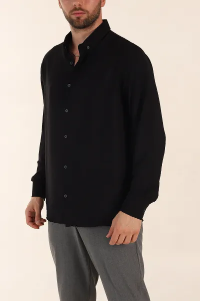 Siyah Regular Fit Ata Yaka Basic Uzun Kollu Erkek Gömlek 370028