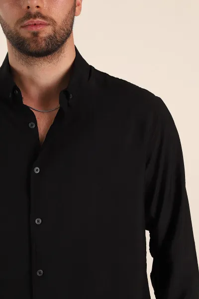 Siyah Regular Fit Ata Yaka Basic Uzun Kollu Erkek Gömlek 370028