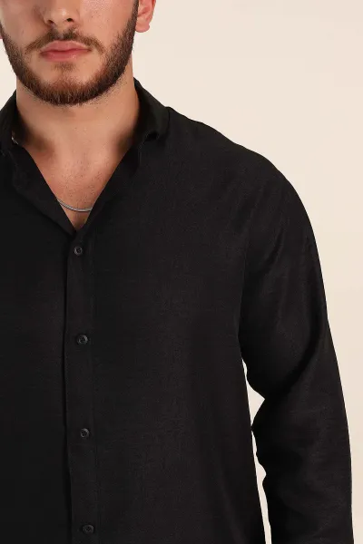 Siyah Regular Fit Ata Yaka Uzun Kollu Erkek Gömlek 369868