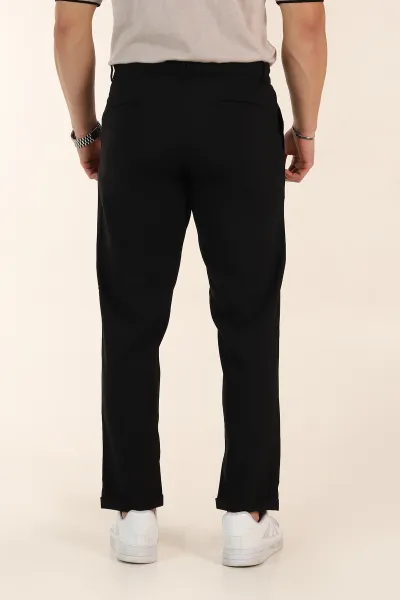 Siyah Regular Fit Bel Arkası Lastikli Duble Paça  Erkek Kumaş Pantolon 366301