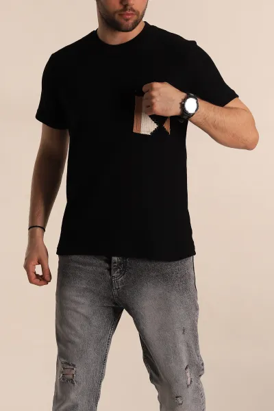 Siyah Regular Fit Cep Detaylı Triko Örme Erkek Tişört 268380