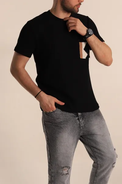 Siyah Regular Fit Cep Detaylı Triko Örme Erkek Tişört 268380