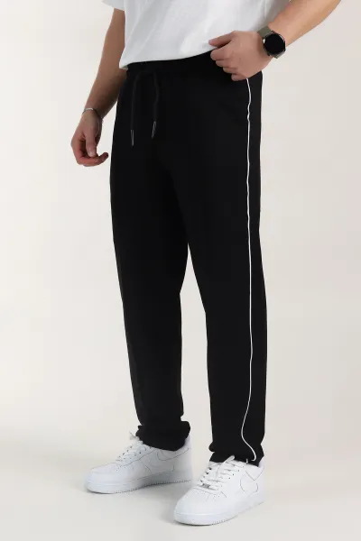 Siyah Regular Fit Çimalı Şerit Detaylı Erkek Eşofman Altı 402365