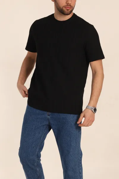 Siyah Regular Fit Çizgi Dokulu Basic Erkek Tişört 348080