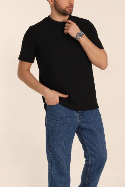 Siyah Regular Fit Çizgi Dokulu Basic Erkek Tişört 348080