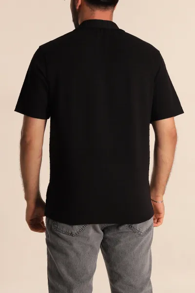 Siyah Regular Fit Çizgi Dokulu Düğmeli Polo Yaka Erkek Tişört 276671