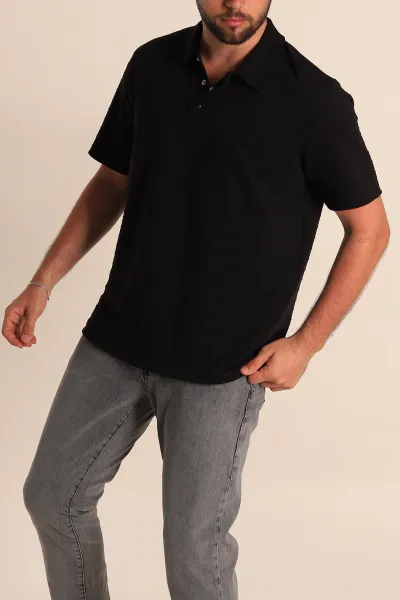 Siyah Regular Fit Çizgi Dokulu Düğmeli Polo Yaka Erkek Tişört 276671