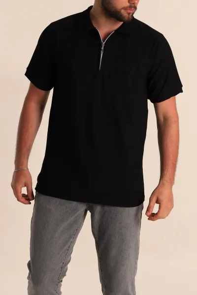 Siyah Regular Fit Çizgi Dokulu Fermuarlı Polo Yaka Erkek Tişört 277165