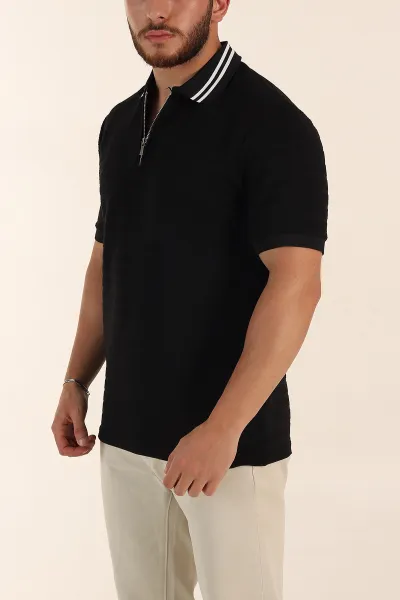 Siyah Regular Fit Çizgi Dokulu Fermuarlı Polo Yaka Erkek Triko Tişört 370052