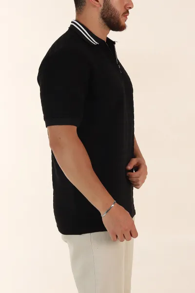 Siyah Regular Fit Çizgi Dokulu Fermuarlı Polo Yaka Erkek Triko Tişört 370052