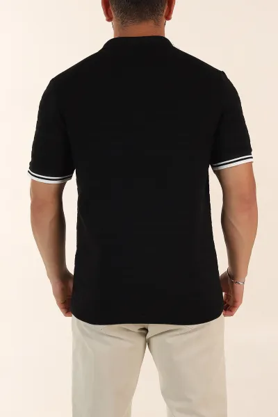 Siyah Regular Fit Çizgi Dokulu Fermuarlı Polo Yaka Erkek Triko Tişört 370063