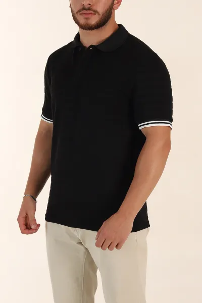 Siyah Regular Fit Çizgi Dokulu Fermuarlı Polo Yaka Erkek Triko Tişört 370063